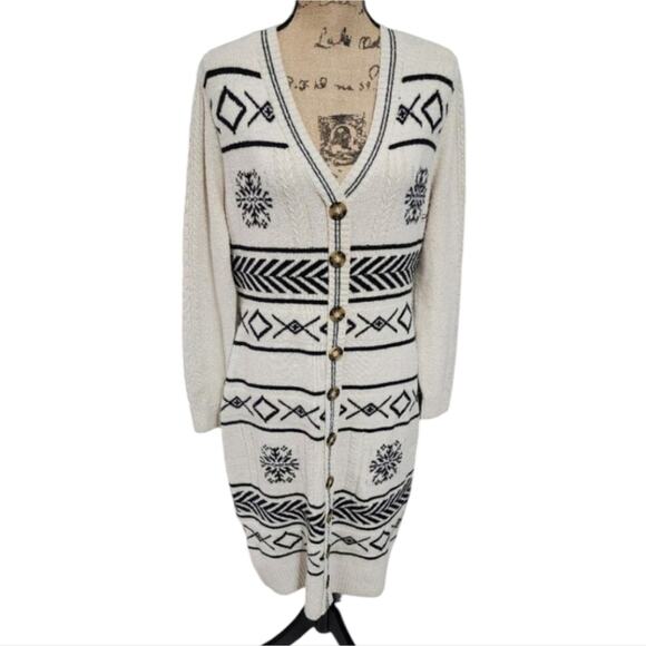 Lucky brand Black‎ White Aztec Southwestern Print Duster Length Cardigan Large - Picture 1 of 6